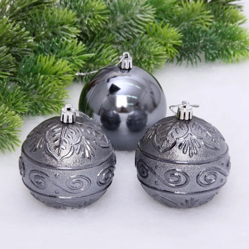 Новогодние шары 8 см (набор 3 шт) "Микс фактур", графит
