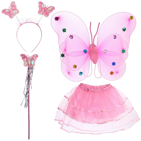 Карнавальный костюм "Волшебная сказка" (юбка, крылья, волшебная палочка, ободок), Розовый