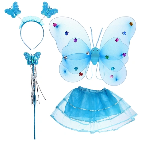Карнавальный костюм "Волшебная сказка" (юбка, крылья, волшебная палочка, ободок), Голубой