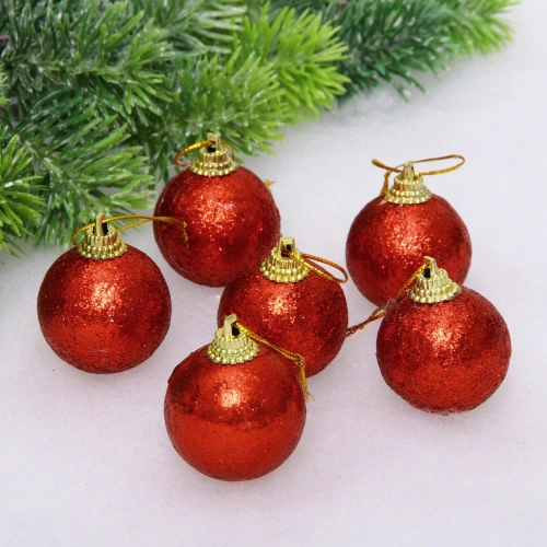 Новогодние шары 4 см (набор 6 шт) "Блестящее напыление", красный