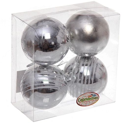 Новогодние шары 6 см (набор 4 шт) Снежные нити, серебробелый_3