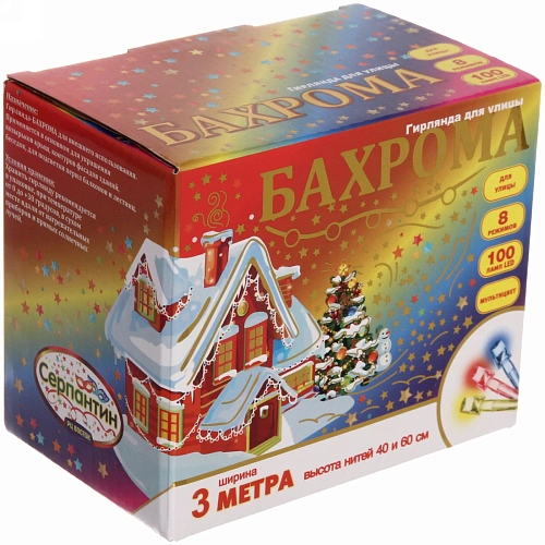 Гирлянда для улицы БАХРОМА ш3м в4060см 100 ламп LED, прозр пров, 8 реж, Мультицвет (возможность соединения)_10