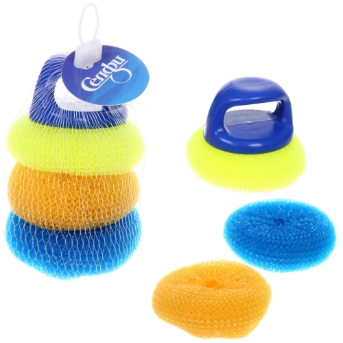 Губка для посуды с ручкой, две сменные насадки