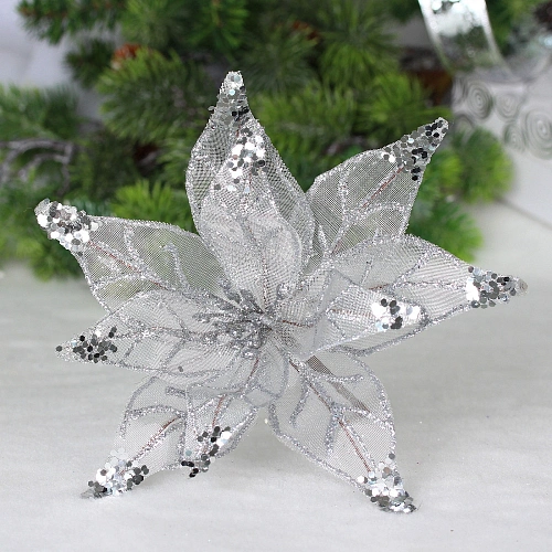 Украшение новогоднее "Пуансеттия - Искристый цветок" 20 см, Серебро