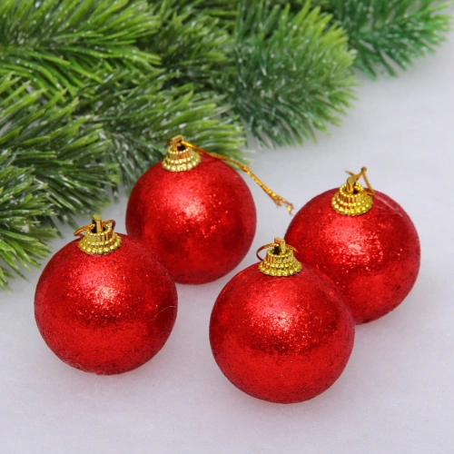 Новогодние шары 5 см (набор 4 шт) "Блестящее напыление", красный