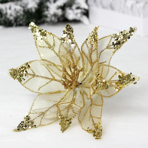 Украшение новогоднее "Пуансеттия - Искристый цветок" 20 см, Золото