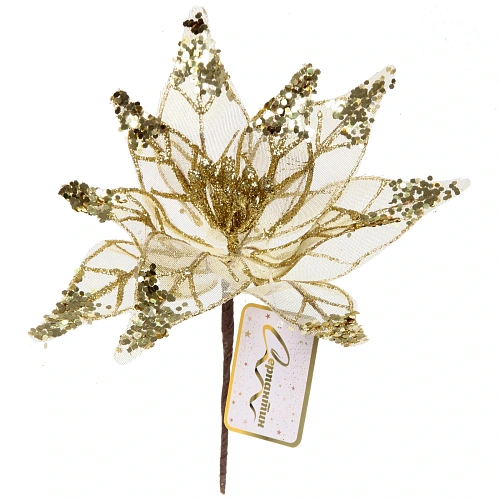 Украшение новогоднее Пуансеттия - Искристый цветок 20 см, Золото_4