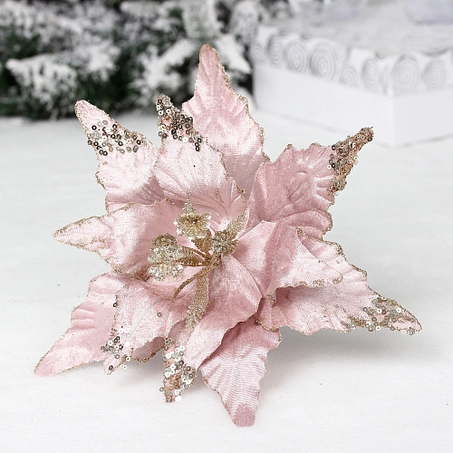 Украшение новогоднее "Пуансеттия - Звёздное небо" 28 см, Розовый/шампань