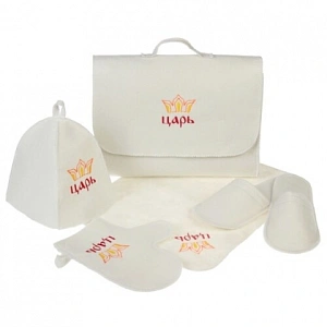 Набор "Портфель" 5 пр. белый с 2 выш."Царь" новая (портф,шапка с/в ,варежка,коврик,тапочки б/в)