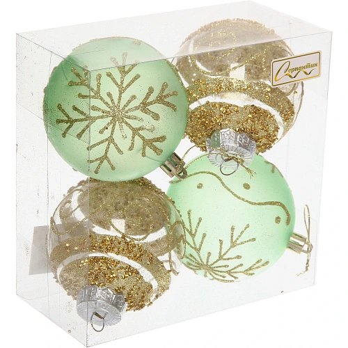 Набор шаров Морозная вуаль 8 см (в наборе 4 шт), Нежно-зеленый, золото_5