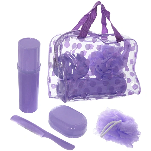 Набор банный дорожный 4шт Traveler - Горошек, микс 3 цв, (мочалка, футляр 2шт, расческа), 24,5174см_8